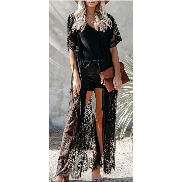 Black Long lace boho kimono/cover-up / whatever you want.pit to pit 22” aprox - Picture 4 of 8